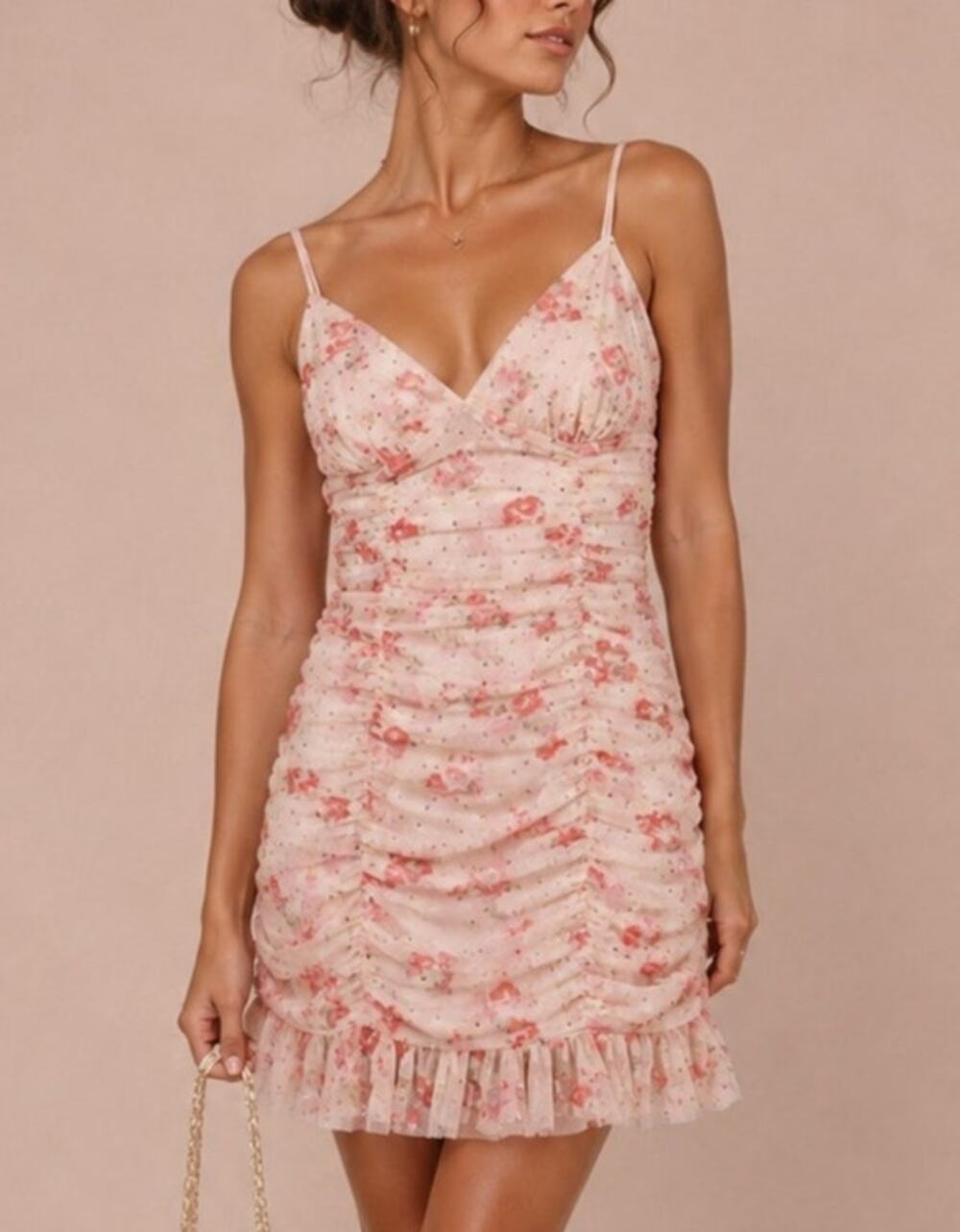 Lucy in the Sky Womens Coquette Floral Mini Dress Ruched Sequin Mesh S Pink Date